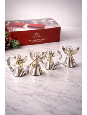 Regal Silver 1970s Set Of 4 Silverplated Angel Napkin Rings Original Box 4x2.25”